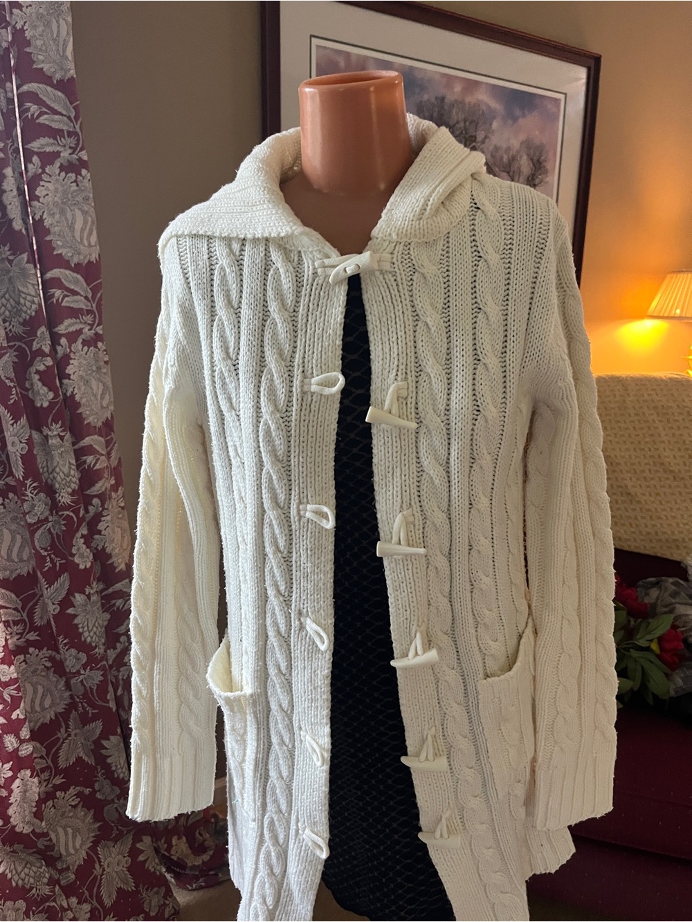 Debbie Morgan Ivory Cable Knit Hooded Cardigan with Toggles